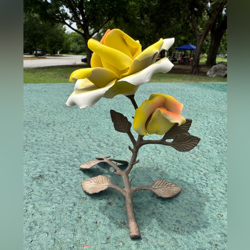 Vintage Capodimonte Italian Yellow Rose Porcelin and Brass Sculpture